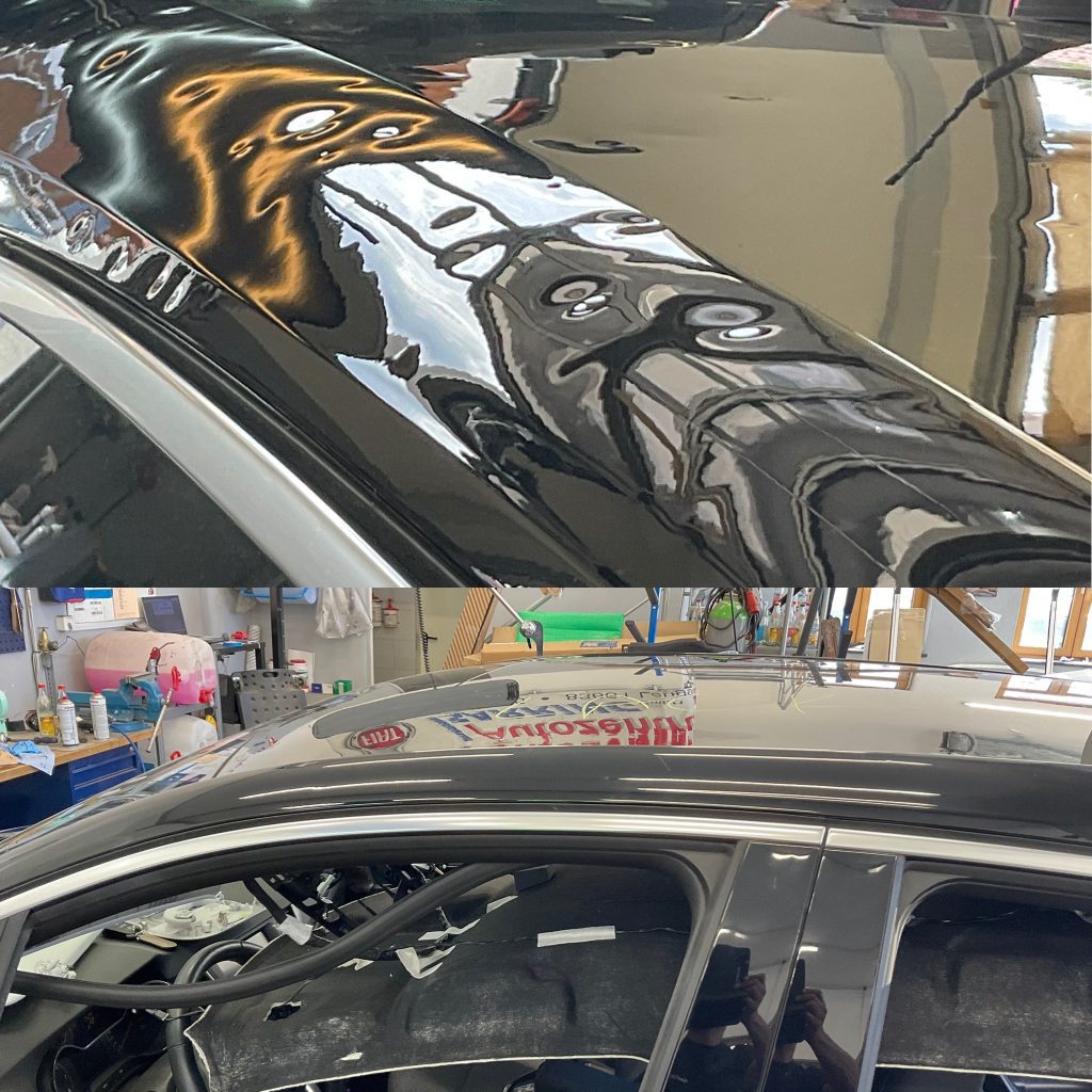 Hailstorm Hailstones before and after picture using Paintless Dent repair PDR to repair hail damage