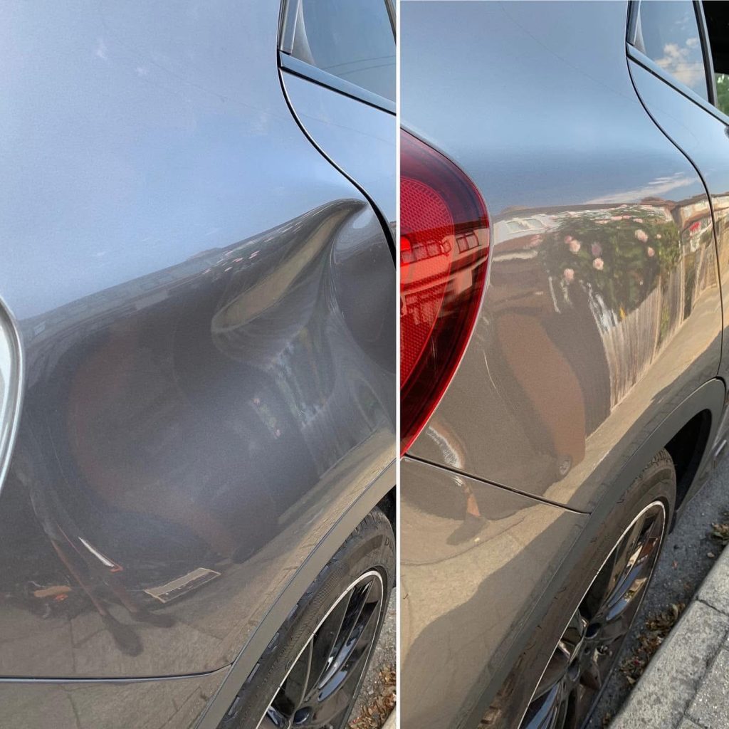 Big vehicle damage before and after photo repaired with PDR paintless dent removal