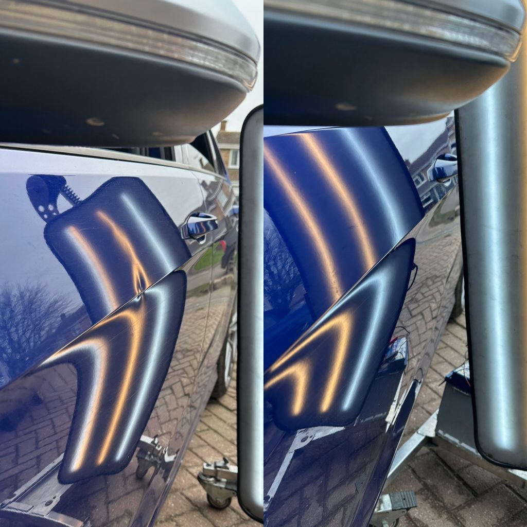 Bodyline dent repaired via paintless dent repair (PDR) in Swanley